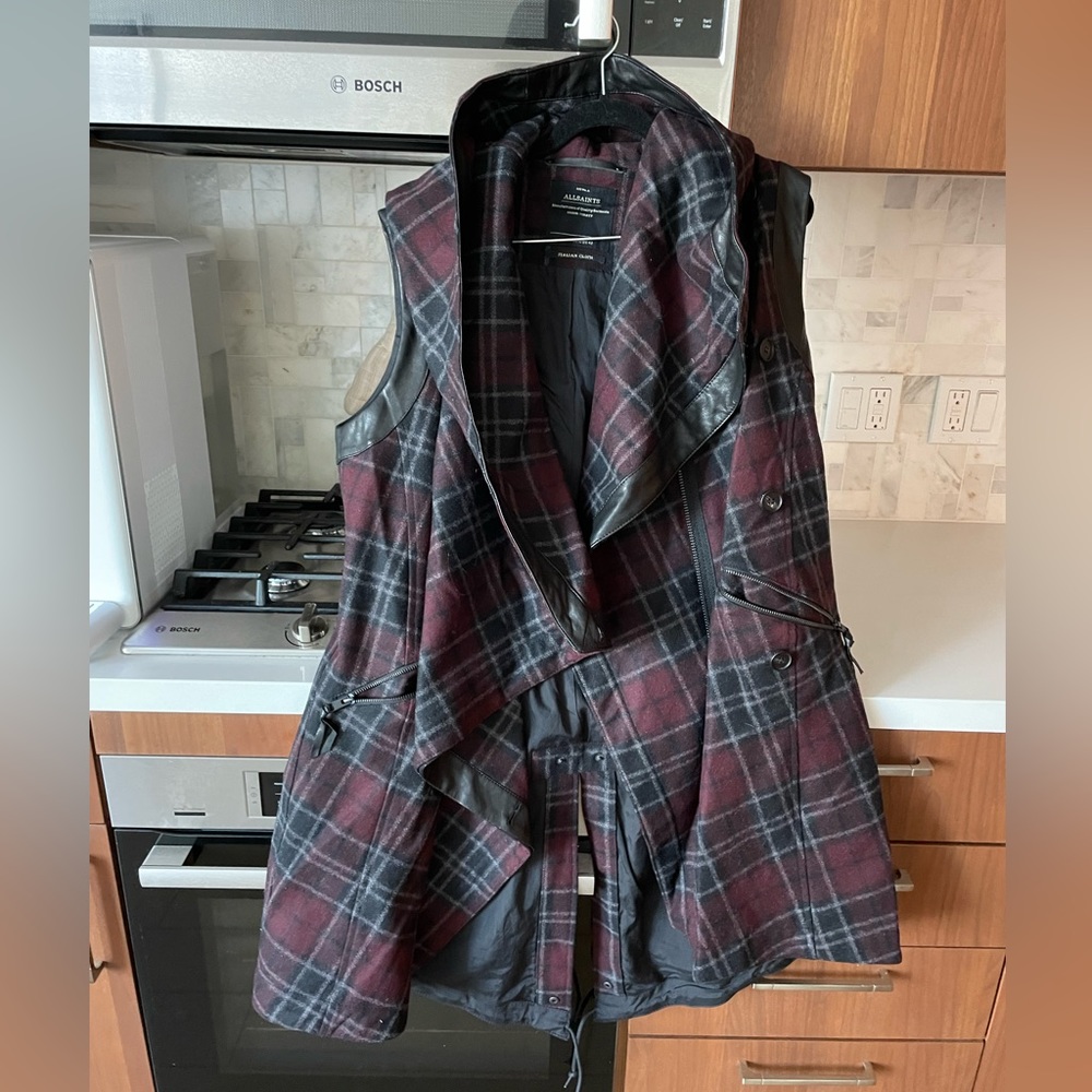 All Saints Red Wool Plaid Leather Long Vest 10 - Limited Edition